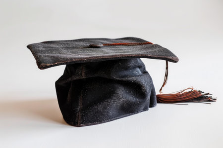 Dusty old graduation cap sitting on a white background, representing the passage of time since graduationの素材