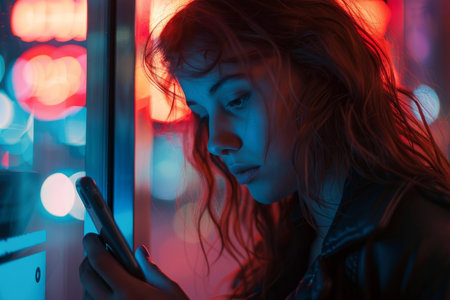 Young woman illuminated by neon lights using her smartphone at night in the cityの素材