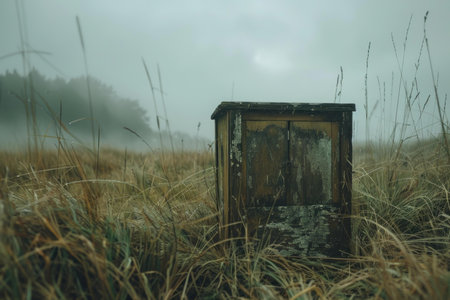 Old wooden cabinet is slowly decomposing in a field of tall grass on a foggy dayの素材