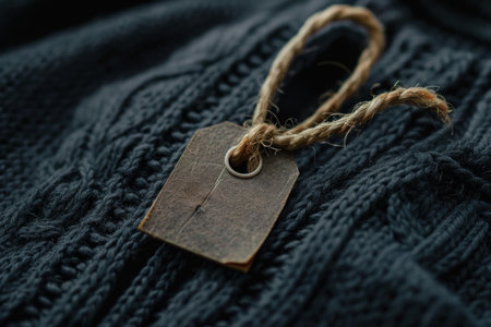 Blank leather price tag is hanging on a warm knitted sweater, suggesting the upcoming winter seasonの素材