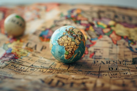 Miniature globe standing on top of a world map, representing global travel and explorationの素材