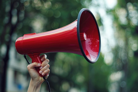 Hand is holding a red megaphone outdoors, sharing an important message during a rallyの素材