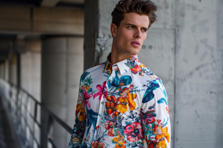 Handsome young male model posing in an urban environment, wearing a colorful floral shirtの素材