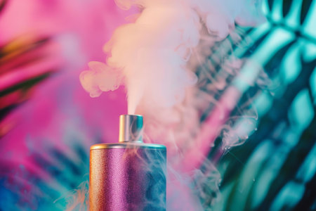 Electronic cigarette releasing vapor on a colorful background with tropical plants out of focusの素材