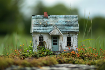Miniature model house standing on moss surrounded by flowers, representing concepts such as mortgage, real estate investment, and downsizingの素材
