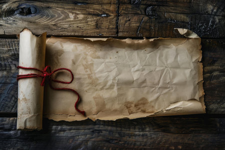 Old paper scroll tied with string lying on a wooden table, providing copy spaceの素材