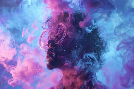 Scientist wearing safety glasses surrounded by colorful pink and blue smokeの素材