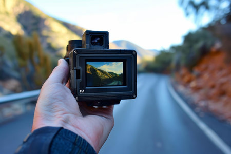 Photographer is holding a camera recording a scenic mountain road tripの素材