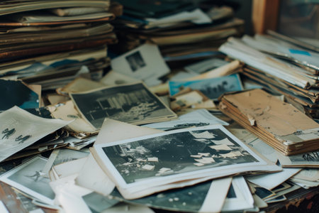 Pile of old black and white photographs is laying on a table, evoking memories of the pastの素材