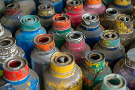 Colorful old dirty used camping gas canisters are piled up, showing signs of wear and tearの素材