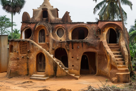 Traditional african house made of clay with multiple rooms and levels in a tropical environmentの素材