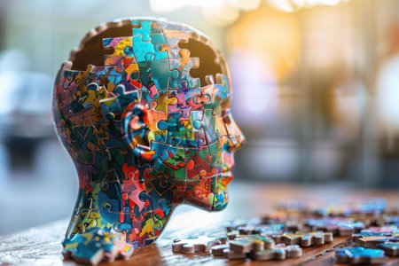 Human head made of puzzle pieces is missing a piece, representing the complexities of the human mindの素材