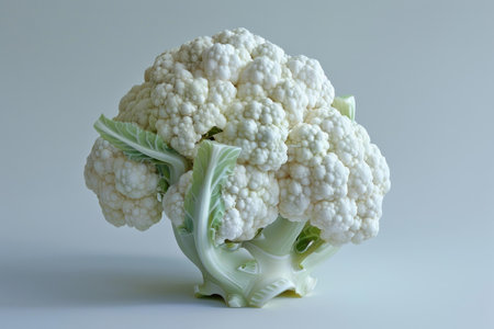 Raw cauliflower head with vibrant green leaves is standing on a grey background, showcasing its natural beauty and freshnessの素材