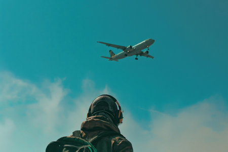 Air traffic controller is watching a plane taking off from the runway on a sunny dayの素材