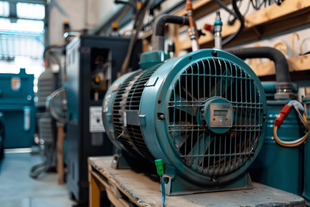 Powerful electric motor standing on a wooden table in an industrial workshopの素材