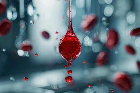 Red liquid dripping, forming a big drop with smaller drops jumping from it, on a blurred backgroundの素材