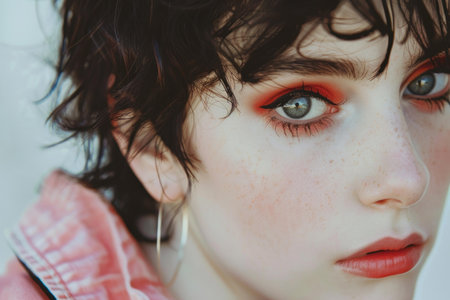 Young woman with freckles is posing with trendy orange makeup and short dark hairの素材