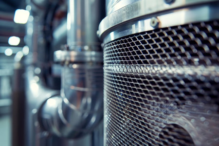 Shiny industrial equipment showing a metal grid with shallow depth of fieldの素材