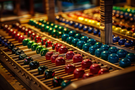 Rows of colorful wooden balls are sitting in a wooden display case at a market stallの素材
