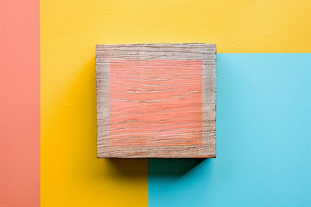 Wooden cube with a coral colored square painted on it is sitting on a three colored backgroundの素材