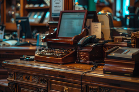 Antique wooden cash register with a vintage typewriter and a modern computer in a shop showing technological progressの素材