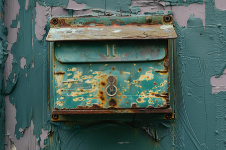 Old rusty mailbox with peeling paint, showing the passage of timeの素材