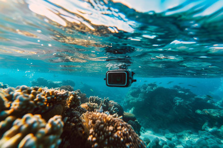 Action camera is filming tropical fish swimming over a beautiful coral reefの素材