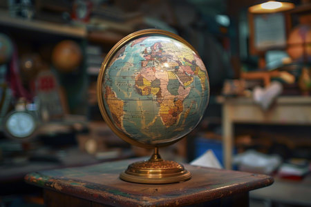 Old globe showing africa and europe standing on a table in an antique shopの素材