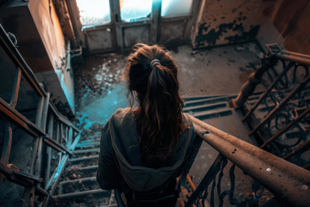 Woman is exploring an abandoned building, walking up a damaged staircaseの素材