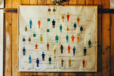 Detailed organizational chart illustrates the complex relationships between individuals and departments within a companyの素材