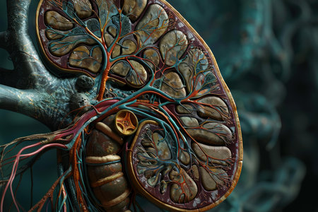 Detailed cross section of a human kidney showcasing its intricate internal structureの素材