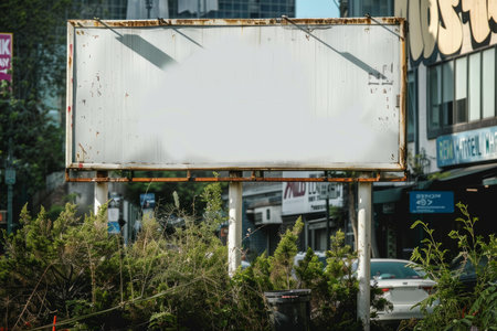 Blank billboard with a white background is standing in an overgrown area of a cityの素材