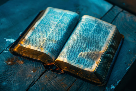 Old antique bible laying open on a wooden surface, bathed in ethereal blue lightの素材