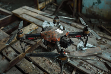 Broken and dusty drone is lying on a wooden floor in an abandoned buildingの素材