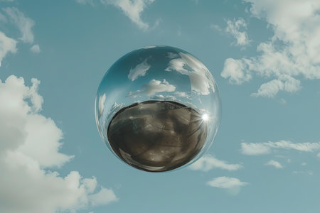 Chrome sphere reflecting cloudy blue sky and groundの素材