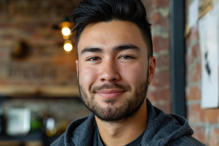 Young man smiling in coffee shop wearing gray shirtの素材