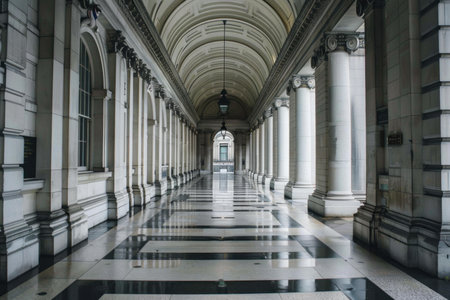 Empty corridor with columns and checkered floor leading to entrance of historic buildingの素材