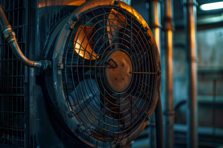 Powerful industrial fan is working to cool machinery in a factory settingの素材