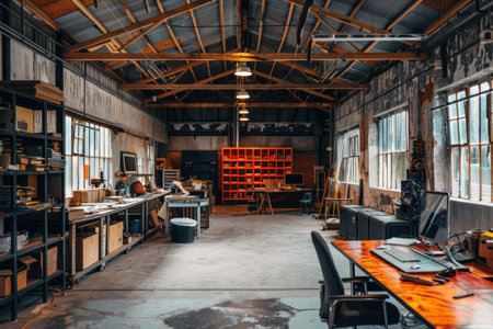Empty industrial style office space with workstations, computers, shelves and large windowsの素材