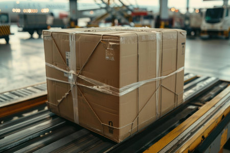 Large cardboard box standing on a conveyor belt in a distribution warehouse, ready for shippingの素材