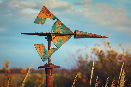 Old metal wind direction indicator showing the wind blowing on a blue sky backgroundの素材
