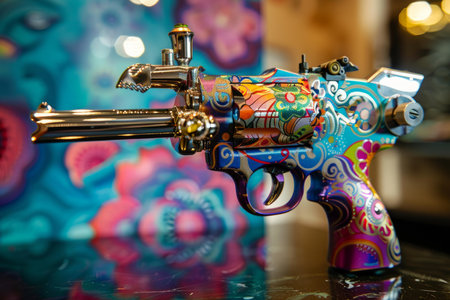 Colorful revolver with a floral design is resting on a table, showcasing its intricate details and craftsmanshipの素材