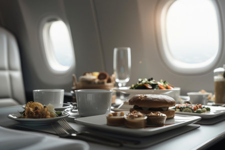 Delicious gourmet food and drinks being served to first class passengers on airplane tray table during flightの素材