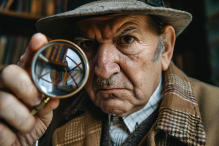 Focused detective examining evidence with magnifying glass, solving mystery in his studyの素材