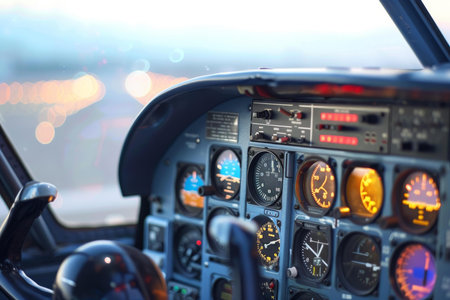 Airplane cockpit instruments are showing time, altitude, and speed while on the ground at an airportの素材