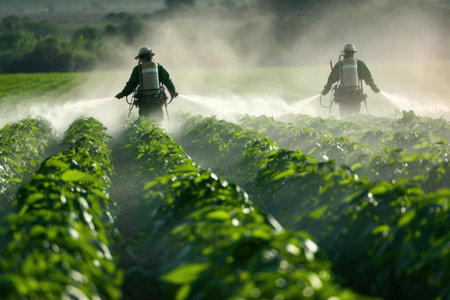 Two farmers working on a sunny agricultural field, spraying cropsの素材