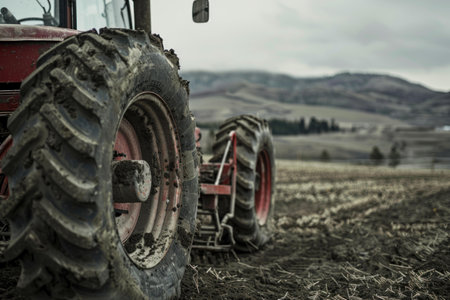 Red tractor standing in a plowed field, waiting to be used for the next farming choresの素材