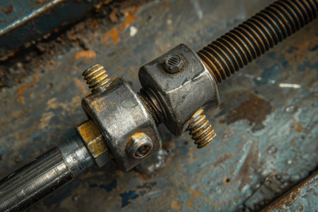 Old rusty screw thread being adjusted on a metal surface, concept image for manual labor, industry and constructionの素材