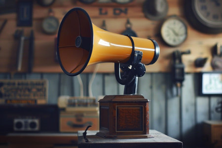 Antique yellow megaphone standing on wooden box in dusty vintage workshop full of toolsの素材