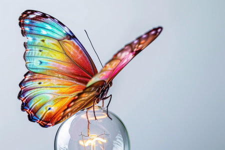 Colorful butterfly is landing on a bright light bulb, on a light background with copy spaceの素材